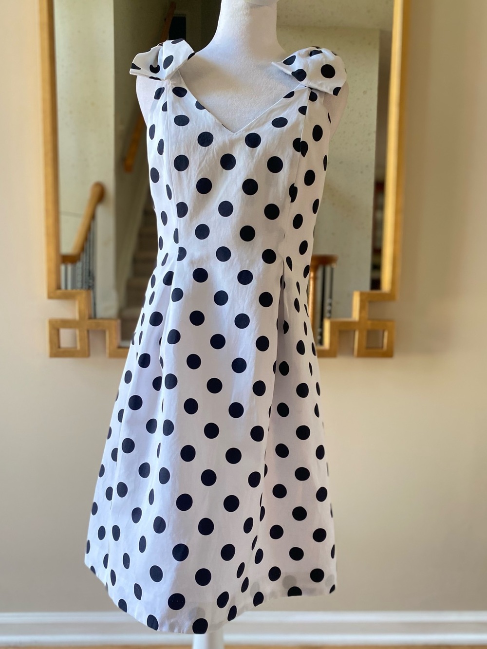 Tyler Boe White Black Polka Dot Bow Shoulder Sleeveless V-Neck Dress Size 2